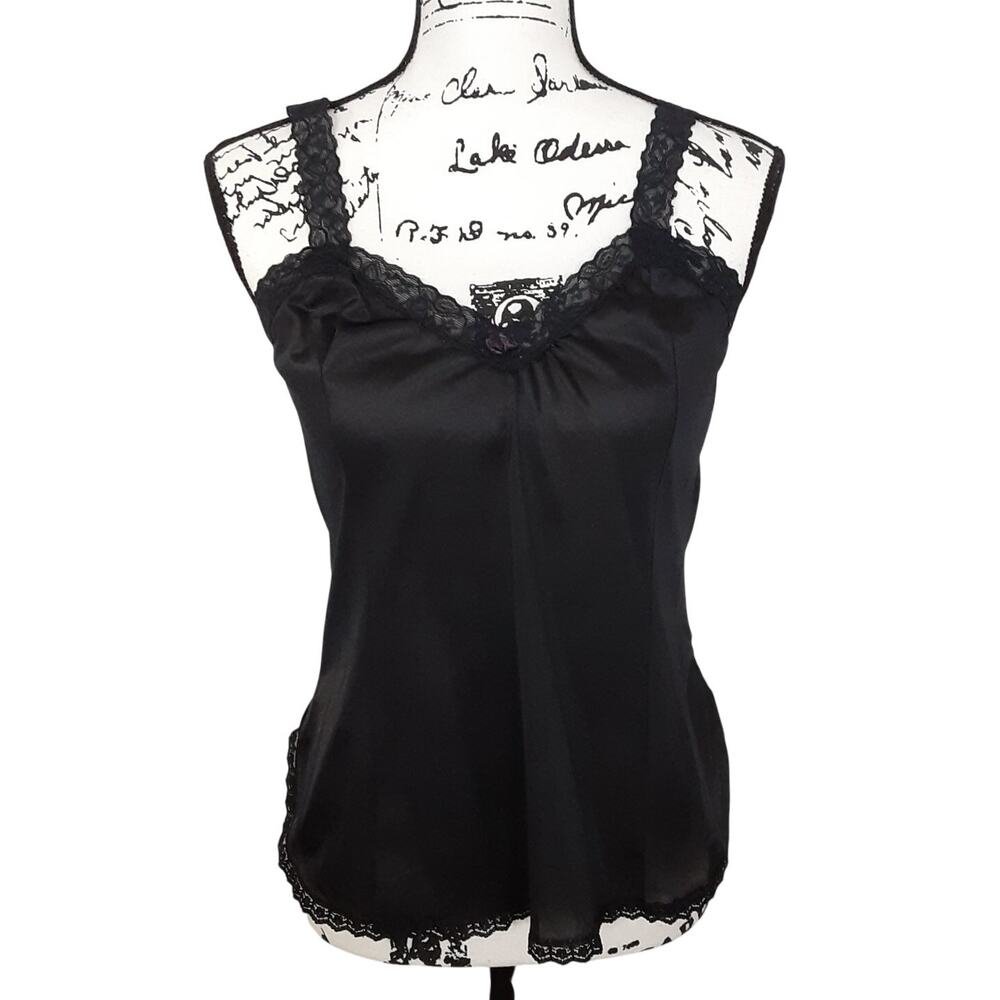 Vintage 90s Black Lace Cami Tank Top Satin Slip WhimsyGoth Womens S Y2K Coquette